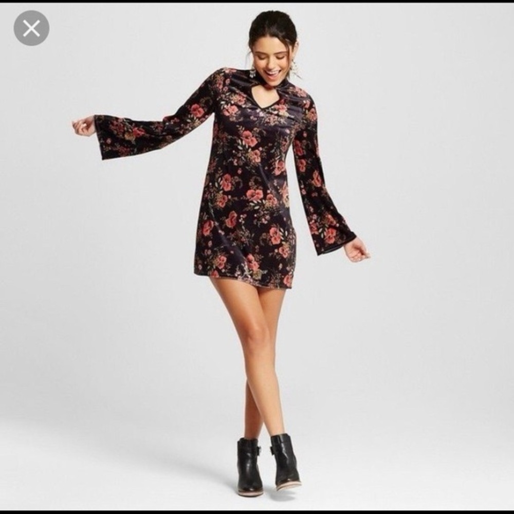 Velvet Boho Floral Bell Sleeve Dress Size M 60s 70s Whimsigoth Witchy Retro